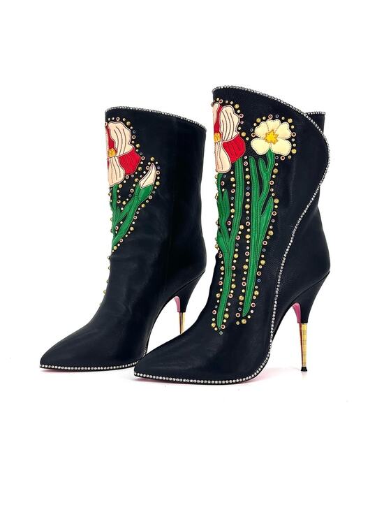 Gucci Shoes - Gucci Intarsia Fosca Floral Black Leather Heeled Boots 40